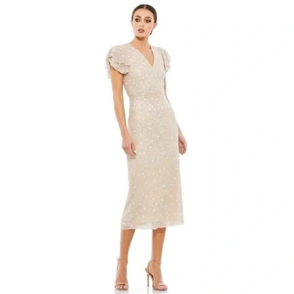 MAC Duggal 10810 Oyster Blush Pink Beaded V-Neck Cocktail Midi Dress Size 4 New